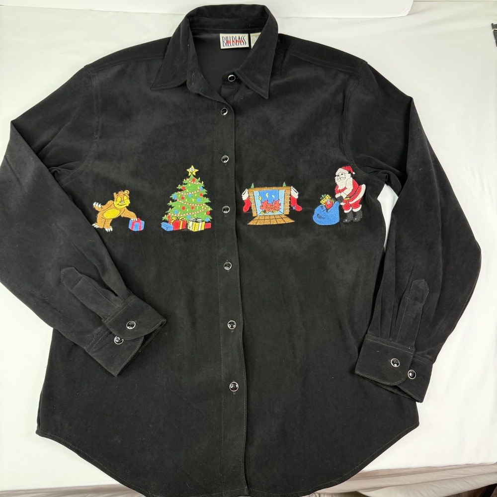 Bill Blass Jeans Womens Black Faux Suede Christmas Embroidered Button Down Shirt